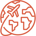 Ilustração em cor laranja de avião dando volta ao mundo